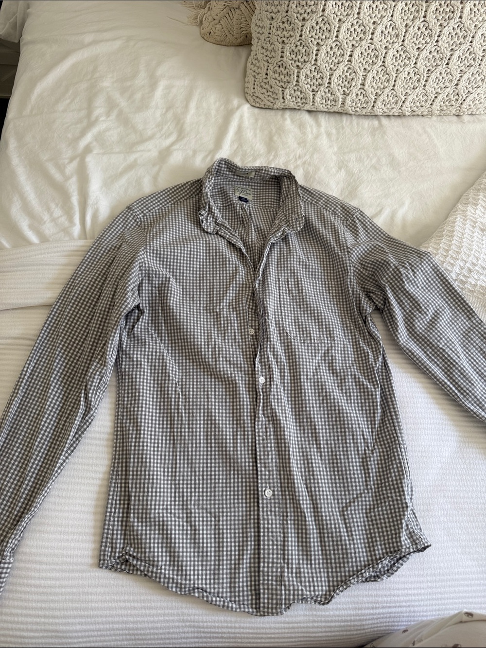 J. Crew Men's Gray and White Checked Button-Down Shirt